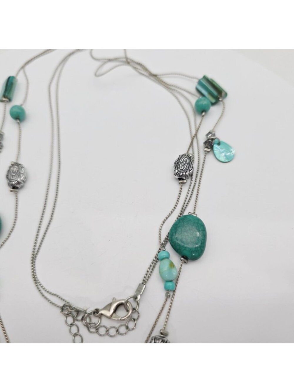 Multi-Strand Silver Necklace With Turquoise Beads & Shell Accents Lobster Clasp - Picture 5 of 7